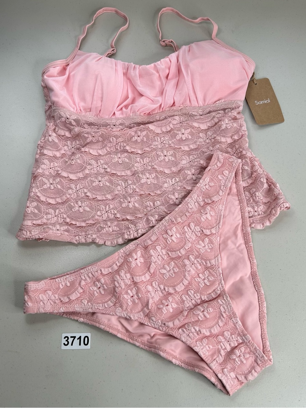 Samiol Pink Ruched Hollow Mesh Flower Tankini Set Large